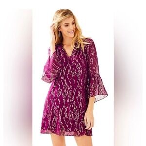 Lilly Pulitzer Matilda Purple Gold Metallic Silk Shiraz Fish Clip Shift Dress